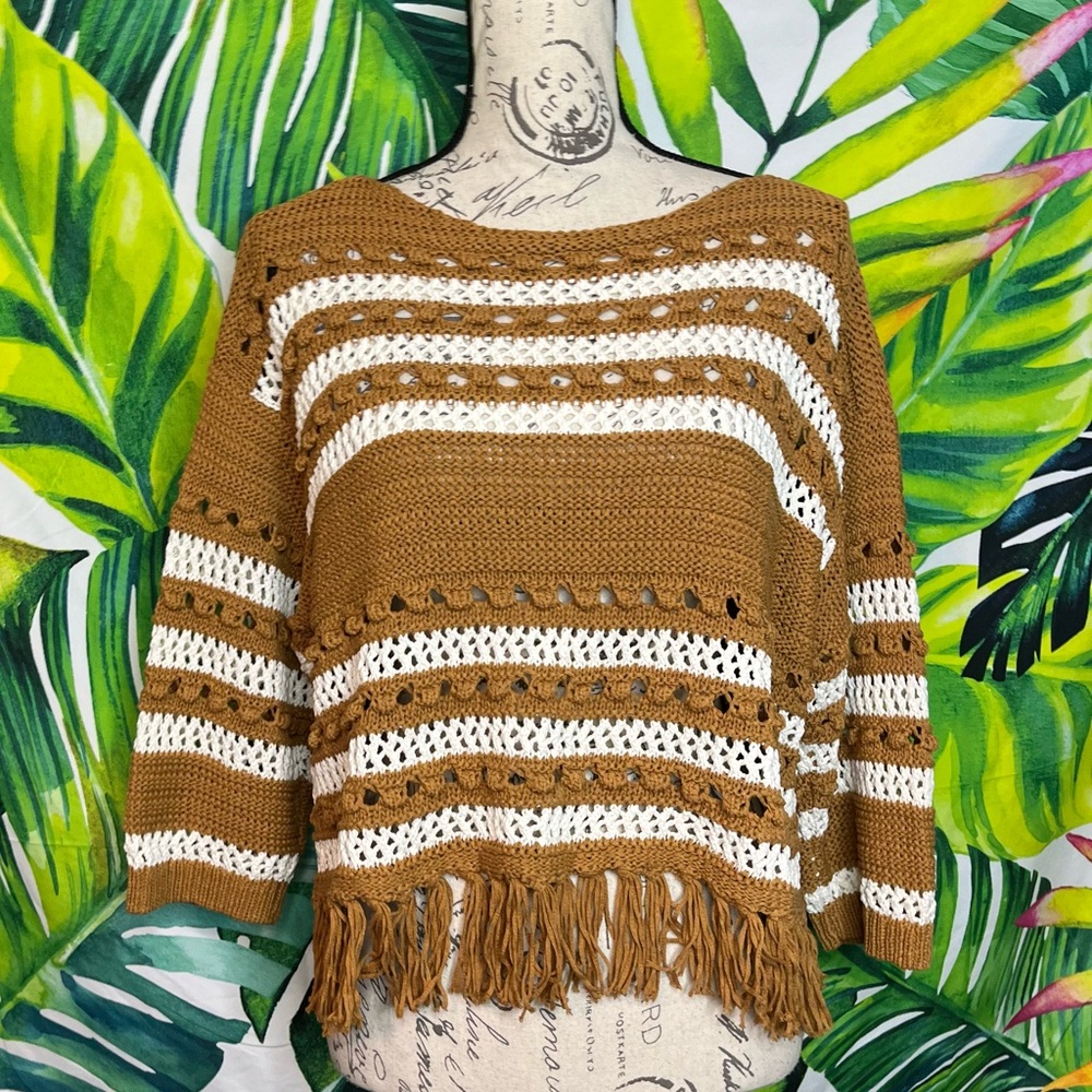 NWT Lou & Grey Small Brown White Beachy Coastal Loose Knit Boho Fringe Sweater